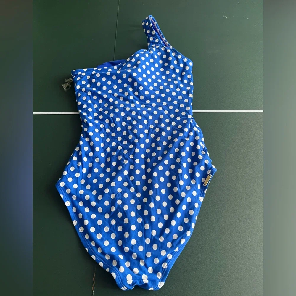 PERRY ELLIS One Piece, Off Shoulder Polka Dot Swimsuit